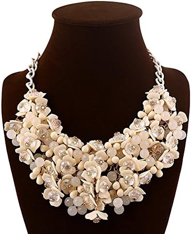 Yeshion Bib Flower Statement Necklace Crystal Choker For Women (White)
