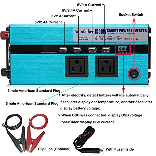 1500W Watt Power Inverter DC 12V to AC 110V Converter Digital Display for Car, Truck, RV,Pickup,4WD - Thumbnail 2