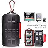Kiorafoto 36 Slots Professional Water-Resistant Anti-Lost Storage Holder Memory Card Case Protector Wallet for 6 CF &amp; 12 SD &amp; 18 Micro SD Cards, with Carabiner+ Card Tray Removal Eject Pin Key