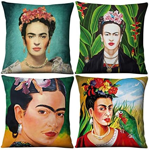 Joyi 4 Pack Frida Kahlo Self-Portrait Cotton Linen Throw Pillow Case Car Cushion Cover 18"x18",Pattern 32