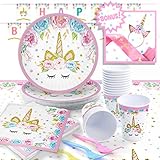 Unicorn Party Supplies Set with BONUS Pink and Gold Unicorn Headband and Birthday Sash | Decorations and Tableware | Disposable for Easy Cleanup | Serves 16 | by Pippin Products