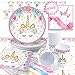 Unicorn Party Supplies Set with BONUS Pink and Gold Unicorn Headband and Birthday Sash | Decorations and Tableware | Disposable for Easy Cleanup | Serves 16 | by Pippin Products