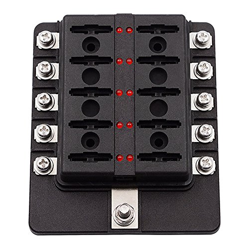 10 Circuit Boat Fuse Box,elecfan 10 Way Fuse Block Waterpoof Cover Blade Fuse Holder 32V Quick Connect Screw Terminal Free Fuses with LED Safety Indicator for Automotive Car Marine Trike (10-way)