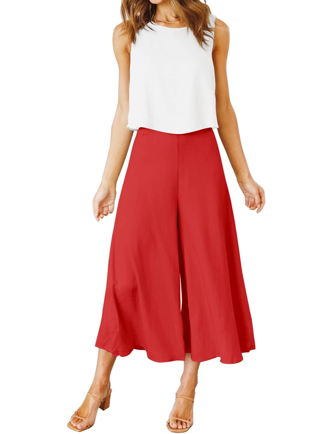 Photo 1 of (SMALL) (BAGGED) (USED/FAIR) ROYLAMP Women's Summer 2 Piece Outfits Round Neck Crop Basic White Top Cropped Red Wide Leg Pants Set Jumpsuits XS