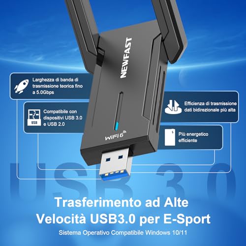NEWFAST 5400Mbps WiFi Stick for Fixed PC, USB WiFi 6E WiFi Antenna USB Tri-Band 6/5/2.4GHz WiFi Stick 6 Supports Windows 11/10, USB3.0, OFDMA, MU-Mimo, WPA3 (NF-U353)