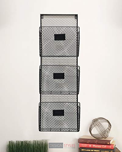 Three Tier Wall File Holder - Durable Black Metal Rack with Spacious Slots for Easy Organization, Mounts on Wall and Door for Office, Home, and Work - by Designstyles