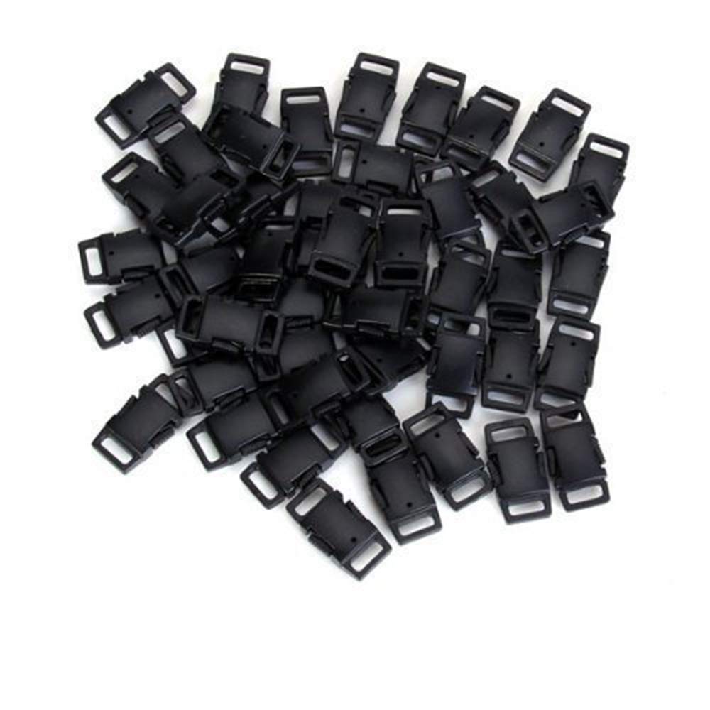 HONGCI 50PCS Contoured Side Release Plastic Mini Buckles 3/8 Inch for Paracord Bracelets, Dog Collar, Webbing, Bushcraft, Backpack Accessories,Tent (S Black)