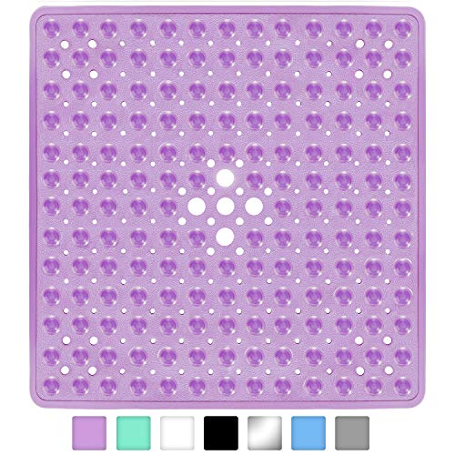 Yimobra Square Bath Shower Tub Mat for Bathroom, Non-Slip Suction Cups with Drain Holes, Machine Washable, Top Material, 21 x 21 Inches, Clean Purple