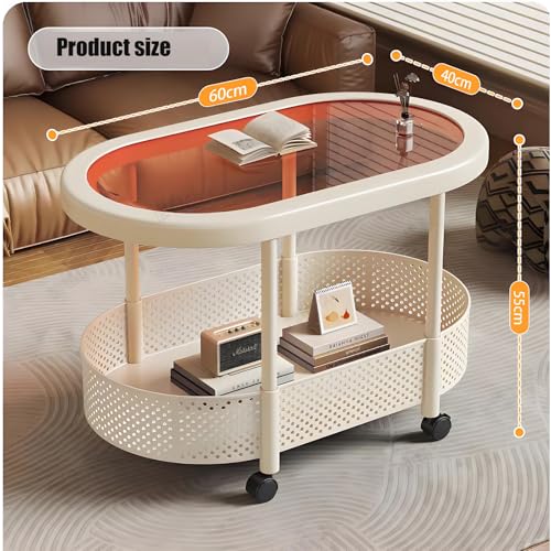 ALISMAEEL Coffee Table Movable Round Side Table 2-Tier End Table with Braked Universal Wheels, Open Double-Layer Storage Scratch-resistant High-temperature, Easy-to-clean Glass (60 * 40 * 50 cm)