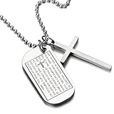 Two-pieces Mens Bible Cross Dog Tag Pendant Necklace Stainless Steel Silver Color