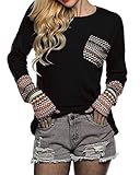 POGTMM Women Long Sleeve O-Neck Patchwork Casual Loose T-Shirt Blouse Tops (XXXL, Black)
