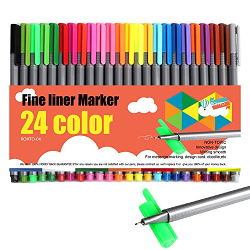 ROHTO Drawing Technical Drawing Pens ,Fineliner Pen, Fine Point Marker Pen,Metal Clad Tip. 0.4MMï¼ŒPack of 24 Assorted Colors (clip pole)
