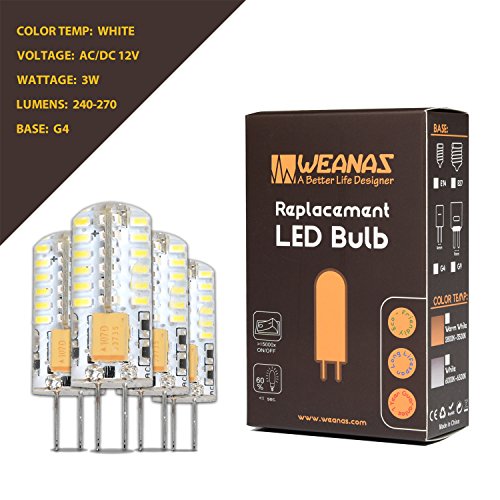 Weanas 4x G4 Base 48 LED Light Bulb Lamp 3 Watt AC DC 12V/10-20V White Undimmable Equivalent to 20W T3 Halogen Track Bulb Replacement 360Â° Beam Angle