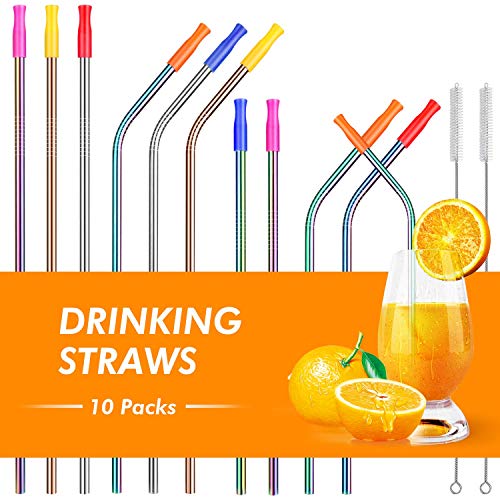 Lunlida Stainless Steel Straws, Reusable Metal Drinking Straws for 20 30 OZ Yeti Tumbler, RTIC, Tervis, Ozark Trail, Starbucks, Mason Jar with Silicone Tips ( Set of 10)