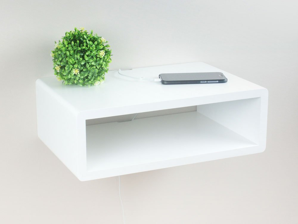 Slim Modern White Floating Nightstand, Wall Mount Bedside Table, Floating End Table