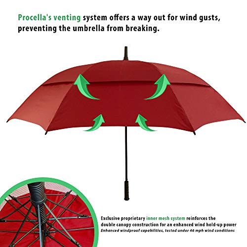 Procella Golf Umbrella Windproof Waterproof - 62 Inch Large Automatic Open Rain & Wind Resistant Vented Double Canopy - Best Golf-Sized Stick Umbrellas for Men and Women (Maroon)