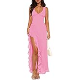 Pungdra Women's Sexy V Neck Mesh Ruffles Hem High Slit Bodycon Maxi Dress for Women Formal Cocktail Wedding Guest Dresses