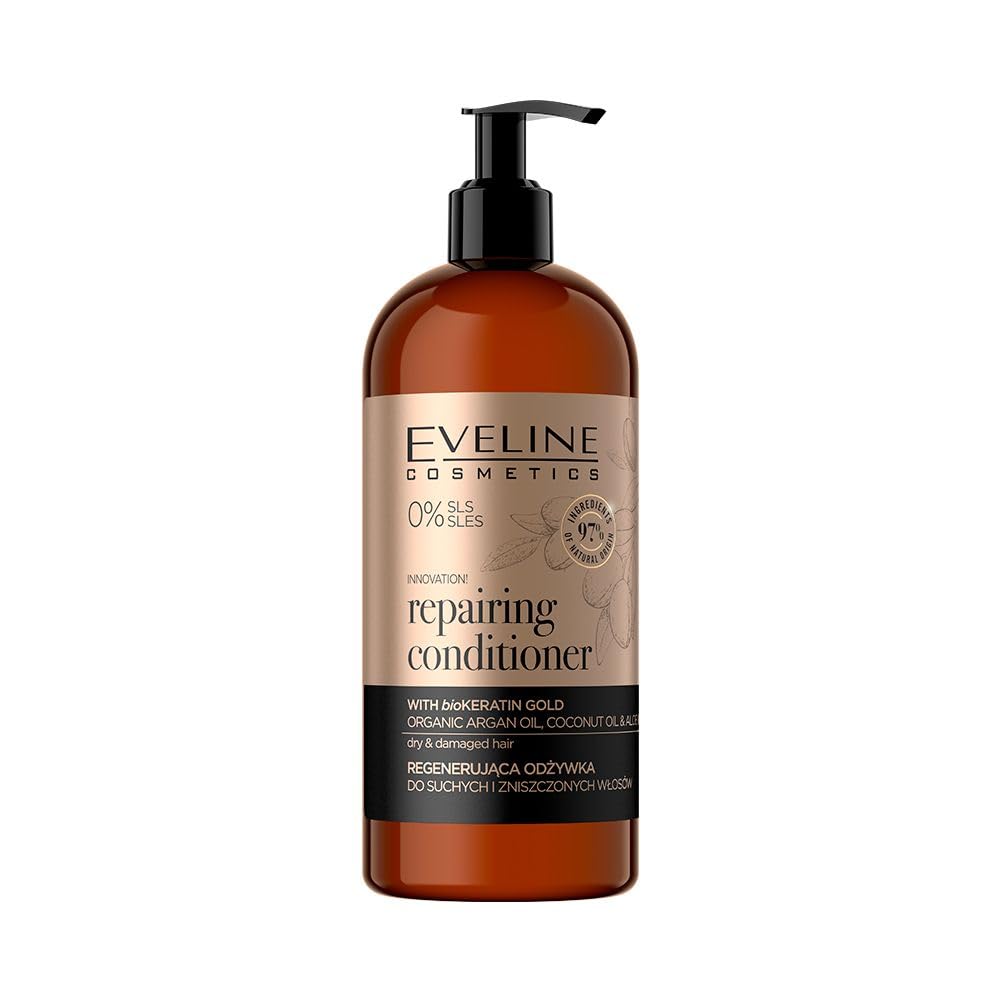 Eveline Cosmetics Organic Gold Regenerating Conditioner for Dry & Damaged Hair with Biokeratin Gold Complex, Argan Oil & Plant Keratin - 500ml