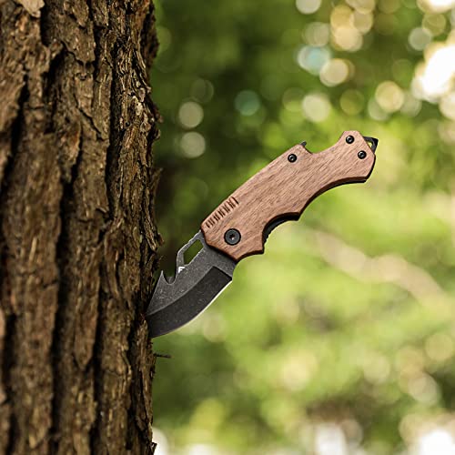 Flissa Mini Folding Pocket Knife, 2.5-Inch Stainless Steel Drop Point Blade, EDC Pocket Knives for Men with Bottle Opener and Glass Breaker (Wood)