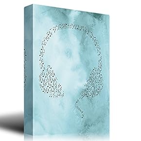 Headphones Made Up of Music Notes Over a Blue Watercolor Background - Canvas Art Home Art - 12x18 inches