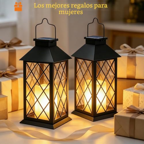 Joycome Solar Lanterns Outdoor 2 Pieces Solar Lamp Outdoor Garden with Flashing Candle, Waterproof Terrace Decoration, Solar Lantern for Garden, Table, Terrace, Fence, Tomb and Gifts – Black