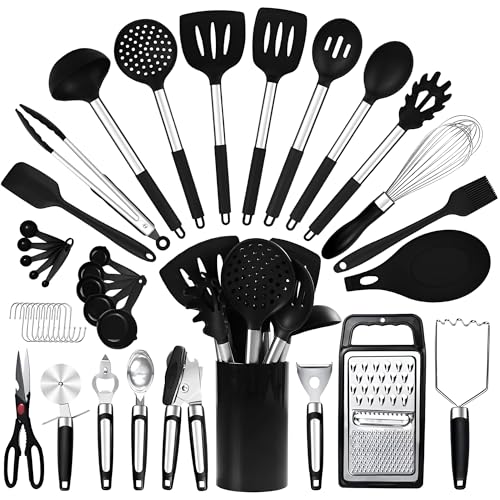 40PCs Silicone Cooking Utensils Set 446℉ Heat Resistance, RFAQK BPA Free Kitchen Utensils Set for Nonstick Cookware, Gadgets Includes Can Opener, Potato Smasher,Peeler,Tongs,Spatula Set,Pizza Cutter