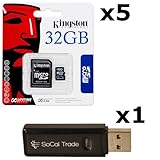 5 PACK - Kingston 32GB MicroSD HC Class 4 TF MicroSDHC TransFlash Memory Card SDC32/32GB 32G 32 GB GIGS (M.A32.RTx5.550) LOT OF 5 with USB SoCal Trade© SCT Dual Slot MicroSD & SD Memory Card Reader - Retail Packaging