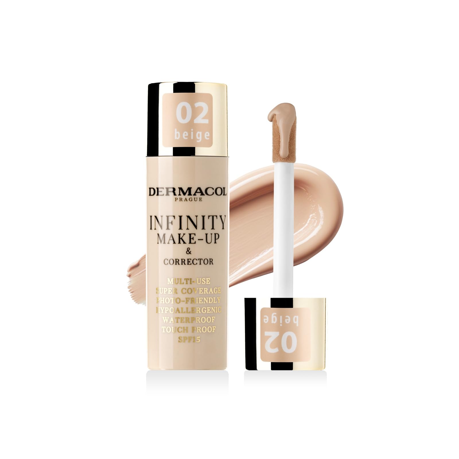 Dermacol Infinity make-up and corrector, Multi-use, Super coverage, Photo-friendly, Hypoallergenic, Waterproof, Touch proof, SPF 15, 02 - Beige