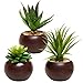 MyGift Succulents Plants Artificial, Fake Faux Indoor House Plants in Round Brown Ceramic Pots, Set of 3