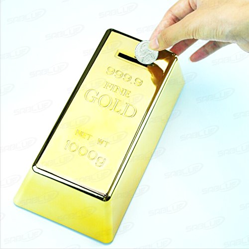SABLUE Novelty Gold Bar Bullion Shaped Money Box Coin Bank Saving Pot Door Stop Paperweight Golden (C0-Coin Bank L)