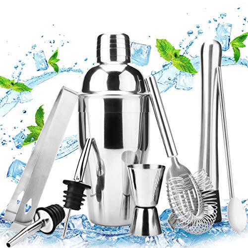 18oz Stainless Steel Cocktail Shaker Bar Set Tools with Martini Mixer, Double Measuring Jigger, Mixing Spoon, Liquor Pourers, Muddler, Strainer and Ice Tongs Professional Bartender Bar Accessories