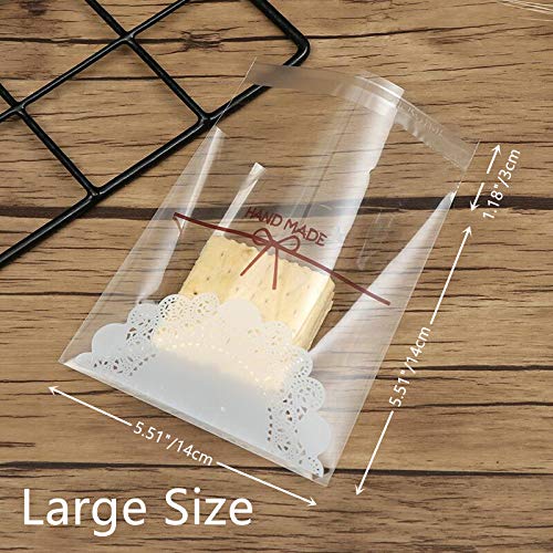Efivs Arts 200pcs Lovely Lace Bowknot Candy Bags wrappers Self Adhesive OPP Cookie Bakery Decorating bags Biscuit Roasting Treat Gift DIY Plastic Bags for Halloween Christmas Day 5.5x5.5 inch