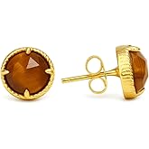 Gempires Round Rose Cut Gemstone Stud Earrings for Women | Gold Plated Hypoallergenic Non Tarnish Crystal Studs | Lightweight Minimal Everyday Earrings for Work Travel and Formal Events