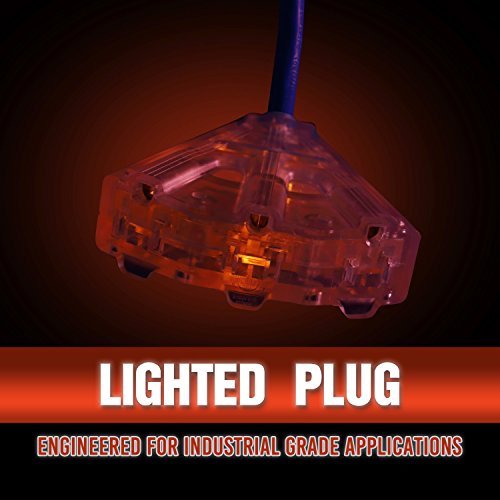 Miusco Extreme Weather 100 ft 14 Gauge Heavy Duty Outdoor Extension Cord, 14/3 SJEOW, Triple Outlet, Lighted Plug