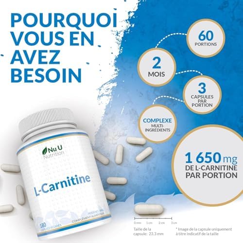 L-Carnitine Complexe 1 650mg - 180 Forte Puissance Capsules Véganes - Avec Riboflavine, Biotine, Chromium, Vitamine D, B3 & B6 - L Carnitine Tartrate Supplément - Fabriqué en Europe - Nu U Nutrition