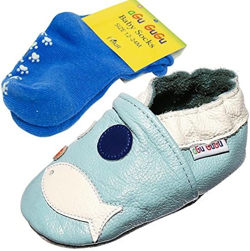 Fish Soft Sole 100% Real Leather Baby Boy, Infant,Toddler Pre walker Shoes with Matching Anti-Slip Socks (6-12 months, Fish D)