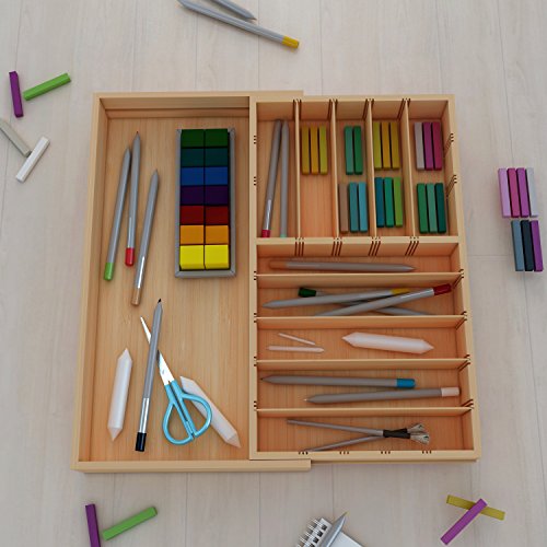 ISINO Extra Deep Wooden or Stainless Utensil Divider Tray , Non-slip Utensil Organizer , Large Utensil Holder with 10-11 Slots , Size (11.4"-20")L x 17.5"W x 2.5"H