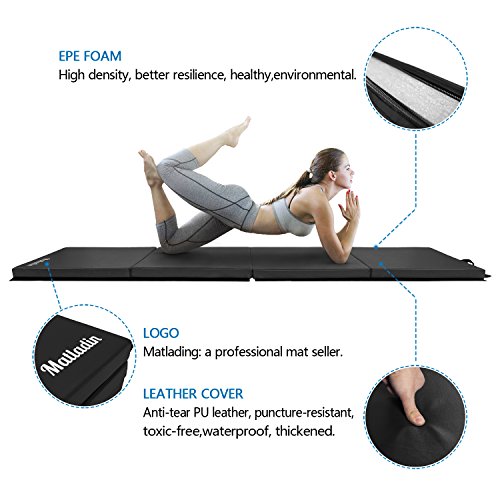 Matladin 8' Folding Gymnastics Gym Exercise Aerobics Mat, 8ft x 2ft x 2in PU Leather Tumbling Mats for Stretching Yoga Cheerleading Martial Arts (Black) - Thumbnail 3