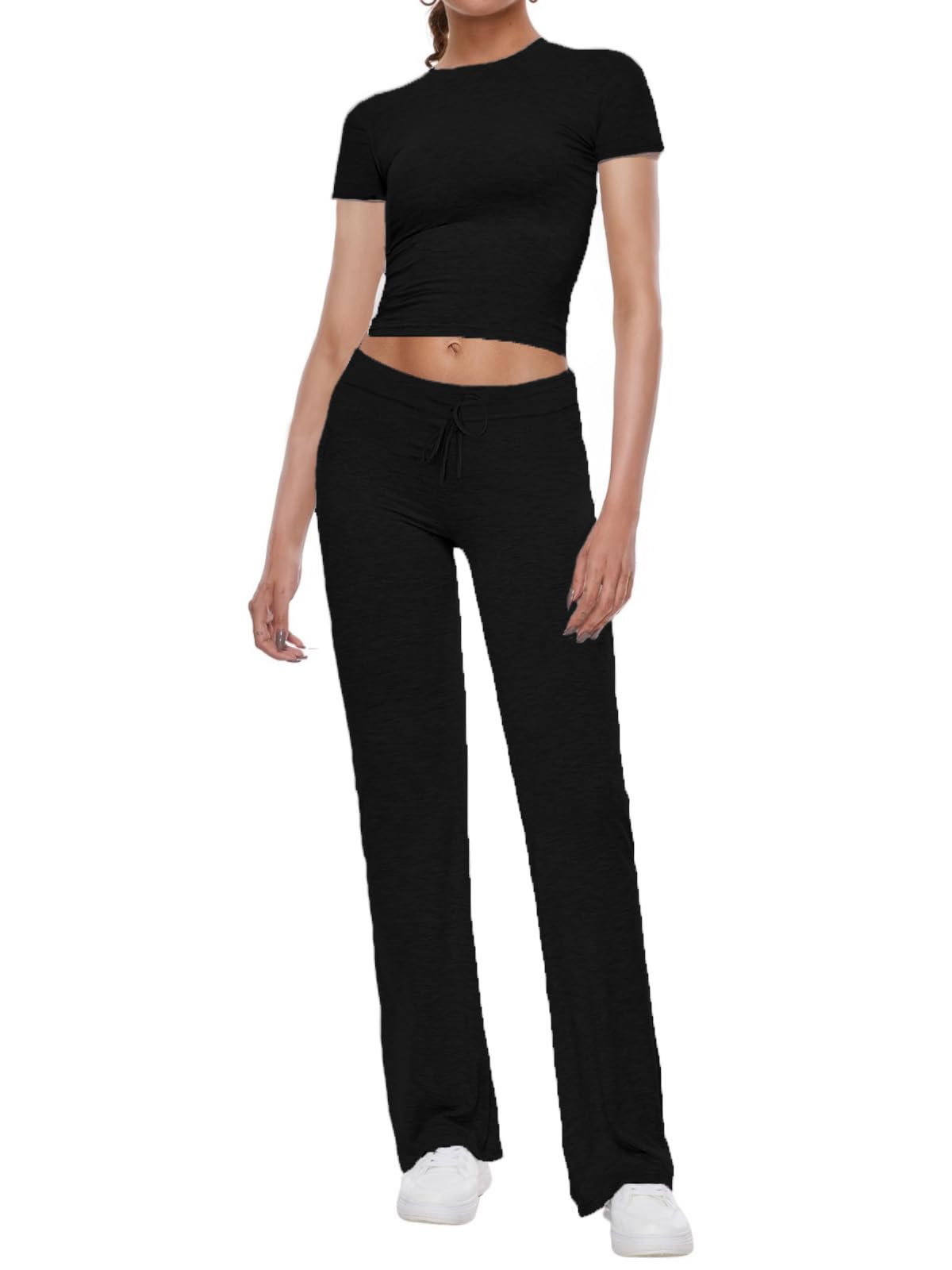 Photo 1 of (small) AnotherChill Women's 2 Piece Lounge Sets Straight Leg Pants Set Short Sleeve Crop T-shirt Casual Outfits Comfy Loungewear (Black)