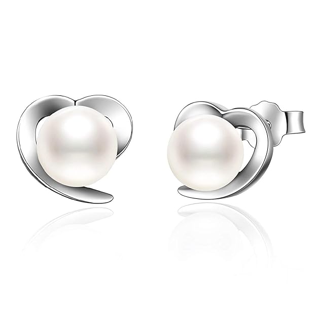 Abiguell Damen Herz Ohrringe Set Basic 925 Sterling Silber Weiß Perlen Ohrstecker, Schmuck Set Geschenk für Damen