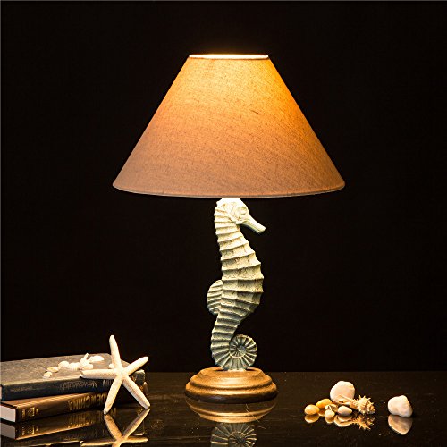 Glitzhome-2028H-Table-Lamp-Farmhouse-Rustic-DesignTraditional-Elegant-Polyresin-Seahorse-and-Wooden-Base-with-Neutral-Lampshade-SoftAmbient-Lighting-Perfect-for-Living-RoomOffice-Green