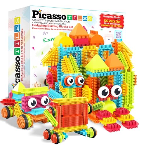 PicassoTiles 120pcs Hedgehog Interlocking Building Blocks Tiles Construction Toy Set Learning Playset