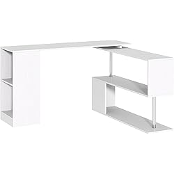 HOMCOM Mesa de Ordenador PC en Forma de L Escritorio de Oficina Mesa Esquinera Giratorio 360° Múltiformas para Hogar Escuela y Oficina 2 Estantes Librería Blanco