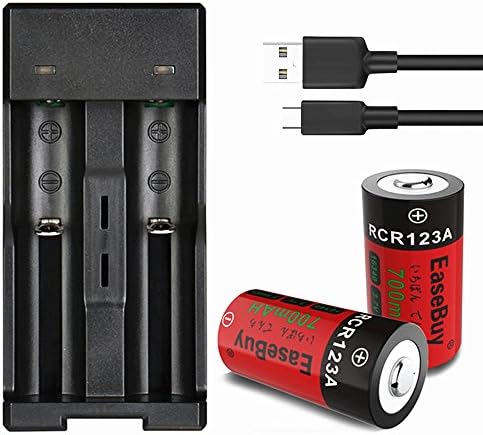 EaseBuy CR123A Rechargeable Batteries, 2-Pack 3.7V 700mAH 16340 RCR123A Lithium ion Camera Batteries with Charger for Arlo Cameras, Led Flashlight, Security System