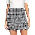 AkovichFarh Plaid Frayed Trim Tweed Bodycon Mini Skirt Women High Waist Zipper Short Skirts