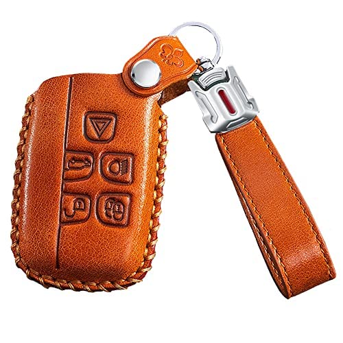 ontto Leather Car Key Fob Cover Keyring fit for Land Rover Defender Discovery Evoque LR4 fit for Range Rover Sport fit for Jaguar accessories Remote Key Case Shell Holder keychain Protector Brown A
