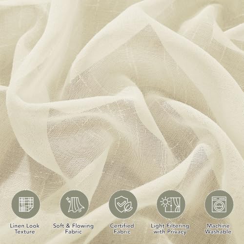 Deconovo Beige Translucent Curtains for Living Room and Bedroom, Modern Curtains 140 x 225 cm, 2 Pieces with Ruched Tape, Linen Effect Curtains, Soft Light and Elegant Finish