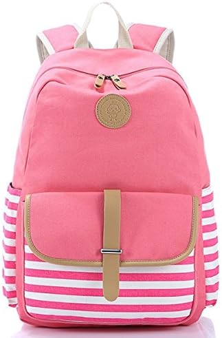 Student Backpacks Striped Rucksack Backpack Navy Stripy School Bags for Women Ladies Girls Pink