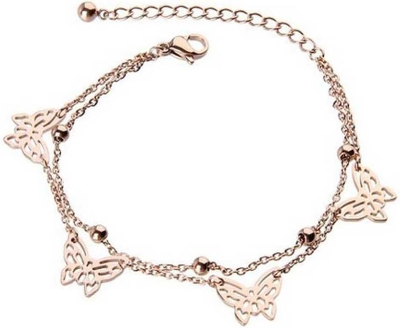 ladies 14K rose gold plated titanium steel double butterfly bracelet/anklet,for women girls,(f1090)