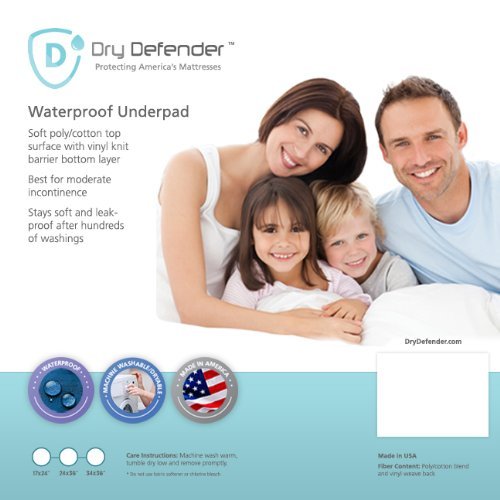 Dry Defender Reusable Waterproof Mattress Pad (24in x 36in) - Washable Waterproof Bed Pads for Kids, Adults or Pets